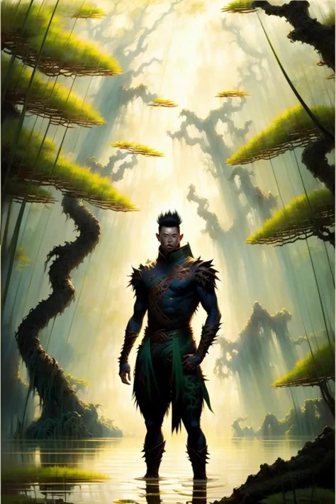 Full body portrait of a chinese male character standing in  the middle of a swampy mangrove
in CCDHT artstyle
( by [ Frank Frazetta | Karol Bak ] ) and [ Justing gerard | Donato  Giancola | Terese Nielsen ]