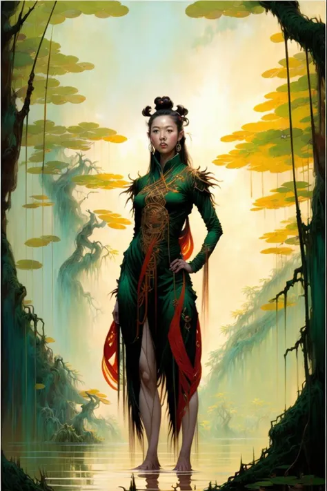 Full body portrait of a chinese female character standing in  the middle of a swampy mangrove
in CCDHT artstyle
( by [ Frank Frazetta | Karol Bak ] ) and [ Justing gerard | Donato  Giancola | Terese Nielsen ]