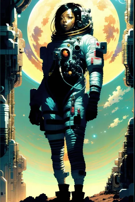 Full body portrait of a female astronaut standing on the  edge of a hill
in CCDHT artstyle
( by [ Katsuya  Terada  | Yoshitaka Amano ] ) and [ Masamune Shirow | Katsuhiro Otomo | Tsutomu Nihei ]