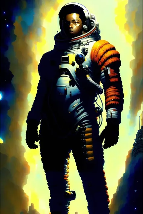 Full body portrait of a male astronaut standing on the  edge of a hill
in CCDHT artstyle
( by [ Katsuya  Terada  | Yoshitaka Amano ] ) and [ Masamune Shirow | Katsuhiro Otomo | Tsutomu Nihei ]