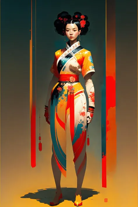 Full body portrait of a chinese female character 
in CCDHT artstyle
( by [ Jakub Rebelka | Tomer hanuka ] ) and [ Victo Ngai | James jean | kilian Eng ]