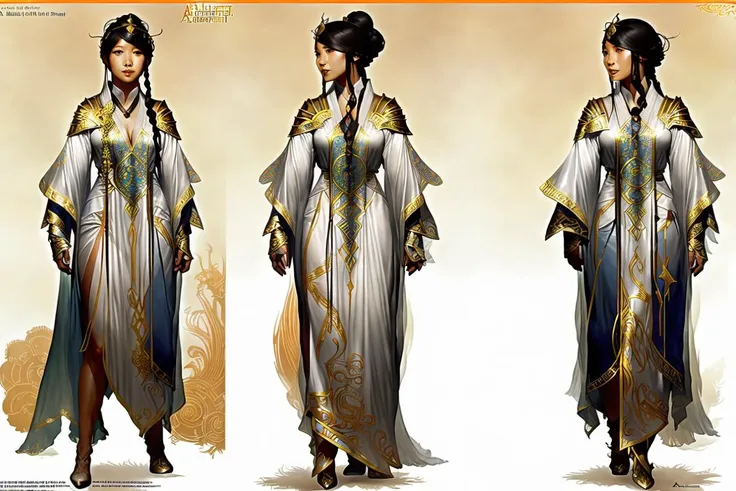 Fantasy concept [ character | costume | fashion ] design reference sheet of a chinese female sorceress ( in CCDHT artstyle ( by Alphonse Mucha ) ) and by [ Anne Bachelier | Anders Zorn ],

( [ clear and readable | perfect | dynamic ] posing ) with [ clear and readable | perfect | dynamic | smart ] [ cropping | framing | compositing | focus ]
preserving ( [ clear and readable | neat  and clean ] tangents with loose negative space )