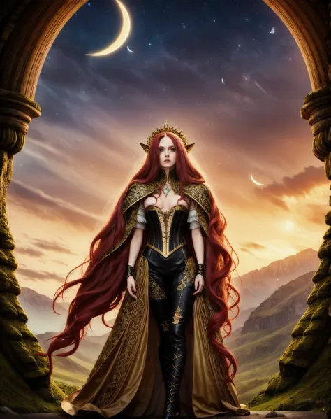 ((Beautiful Female Dryad queen with glowing pale skin, bright aquamarine eyes, ruby red lips, long pink hair flowing, wearing intricate regal looking leather and lace frock coat in gold and black and corset with thigh high stockings and tall riding boot, standing with arms folded under breasts, in ruined elven gazebo standing on a peak, foreboding looking dark mountain landscape with small crescent moon & wispy dark clouds in the background at night)), ((dynamic pose)), ((Subtle lighting)), ((Good Highlights)), ((Perfect Proportions)), (dynamic), (intricate), (complimentary colors), (Professional), (Award winning),
