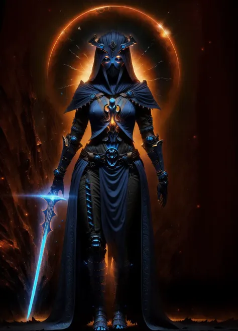 A (full body:1.3) (Young Woman:1.3) (Druid:1.3) in blue and orange intricate (The Armor of the Reaper:1.3) in a (dark and moody universe:1.3), light particle, very detailed skin, samurai, very detailed eyes, by (ccdht artstyle:1.3)