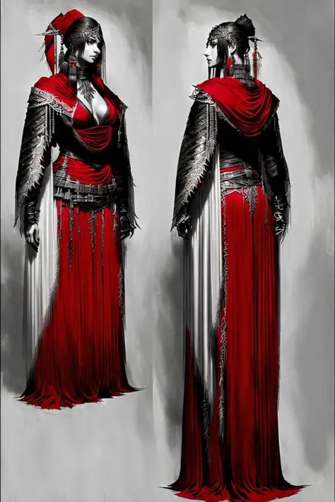 Full body portrait of a female character wearing stamped black and white draped outfit with red embroidery trimmings and golden tassel fringes,
[ Gothic | Fantasy ] concept [ character | costume | fashion ] design ( in CCDHT artstyle ( by [ Arthur Rackham | Edmund Dulac ] ) ) and by [ Anne Bachelier | Alexander Jansson | Brian Mashburn | Gustave Dore ],

( [ clear and readable | perfect | dynamic ] posing ) with [ clear and readable | perfect | dynamic | smart ] [ cropping | framing | compositing | focus ]
preserving ( [ clear and readable | neat  and clean ] tangents with loose negative space ),

[ vertical aspect | golden ]  ratio