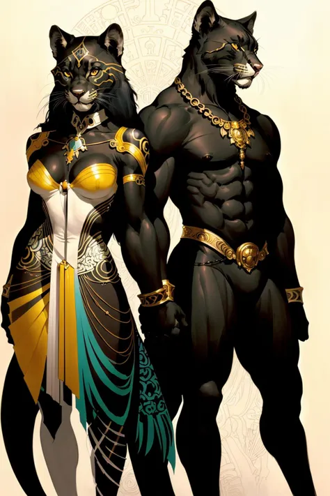 Full body portrait artwork of a beautiful couple of  anthropomorphic black panthers with perfect [ anatomy | silhouette ] and perfect [ solid drawing | body shape | physique ], 
concept [ art | character design | costume design | fashion design ] ( in CCDHT artstyle [ ( by Alphonse Mucha  ) | Victo Ngai | James jean ] ) and by [ Daniel Merriam | Aaron Horkey ] ,

( [ clear and readable | perfect | dynamic ] posing ) with [ clear and readable | perfect ]  [ cropping | framing | compositing | focus ]
preserving ( [  clear and readable  | neat and clean ] tangents with loose negative space ),

[ vibrant | colorful ] HDR traditional painting