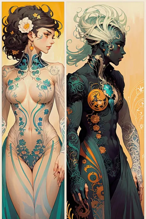 Full body portrait artwork of a beautiful couple with perfect [ anatomy | silhouette ] and perfect [ solid drawing | body shape | physique ], 
concept [ art | character design | costume design | fashion design ] ( in CCDHT artstyle [ ( by Alphonse Mucha  ) | Victo Ngai | James jean ] ) and by [ Daniel Merriam | Aaron Horkey ] ,

( [ clear and readable | perfect | dynamic ] posing ) with [ clear and readable | perfect ]  [ cropping | framing | compositing | focus ]
preserving ( [  clear and readable  | neat and clean ] tangents with loose negative space ),

[ vibrant | colorful ] HDR traditional painting