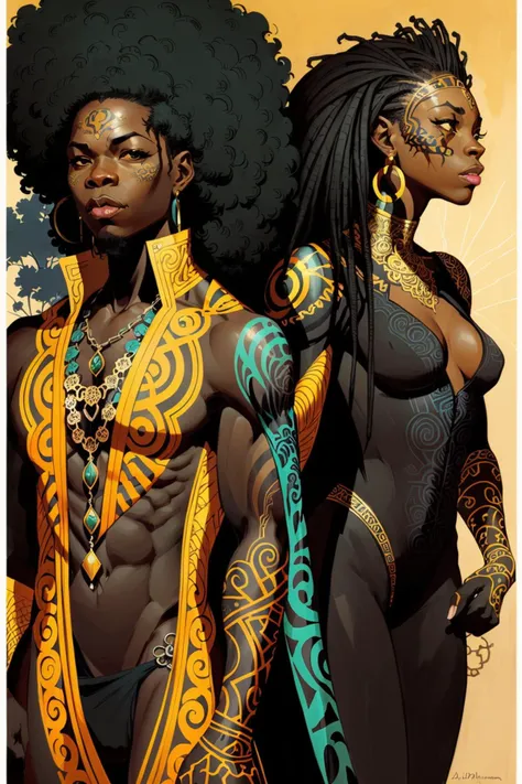 Full body portrait artwork of a beautiful couple of  african american anthropomorphic black panthers with perfect [ anatomy | silhouette ] and perfect [ solid drawing | body shape | physique ], 
concept [ art | character design | costume design | fashion design ] ( in CCDHT artstyle [ ( by Alphonse Mucha  ) | Victo Ngai | James jean ] ) and by [ Daniel Merriam | Aaron Horkey ] ,

( [ clear and readable | perfect | dynamic ] posing ) with [ clear and readable | perfect ]  [ cropping | framing | compositing | focus ]
preserving ( [  clear and readable  | neat and clean ] tangents with loose negative space ),

[ vibrant | colorful ] HDR traditional painting