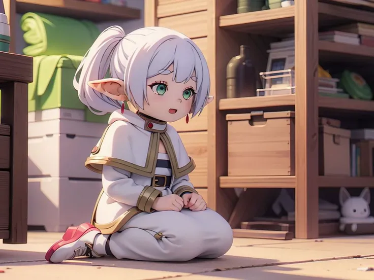 by sicmop, frieren, 1girl,solo,elf,white hair,grey hair,earrings,pointy ears,long hair,ponytail,green eyes,twintails,parted bangs,thick eyebrows, kneeling on the floor, wearing a towel, electric drill, happy, depth of field, dust, (masterpiece, best quality), <lora:add_detail:0.2>,<lora:Sousou_no_Frieren_style:1>