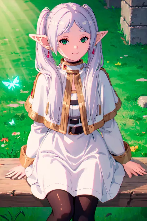 1girl, (masterpiece:1.3), (high resolution), (8K), (extremely detailed), (4k), (pixiv), perfect face, nice eyes and face, (best quality), (super detailed), detailed face and eyes, (solo), textured skin, absurdres, highres, <lora:frierenstyle-09:1>, wz_sousou_no_frieren_style, wz_sousou_no_frieren_style, twintails, very long hair, silver hair, pointy ears, elf, white capelet, green eyes, black pantyhose, earrings, white skirt, belt, white sleeves, pov, selfie, light, smile, light rays, sunlight, butterfly, grass, stone street
