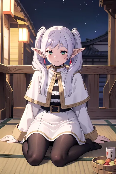 <lora:Sousou_no_Frieren_style:0.8> wz_sousou_no_frieren_style, wz_sousou_no_frieren_style, twintails, very long hair, silver hair, pointy ears, elf, white capelet, green eyes,  black pantyhose, earrings, white skirt, belt, white sleeves  ,tokyo, night, izakaya, inside,  1girl, solo, full body, drinking sake, sitting, (sake bottle), (sakazuki), (drunk:1.5), ((blushing)), happy,, <lora:GoodHands-vanilla:0.8>