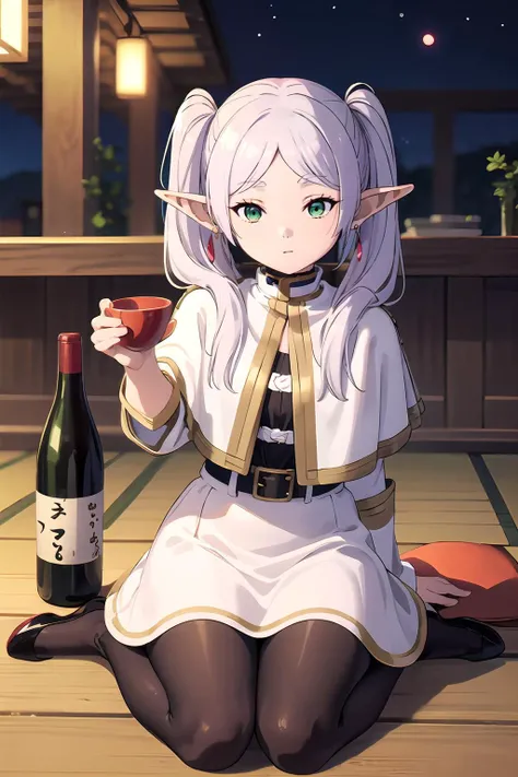 <lora:Sousou_no_Frieren_style:0.8> wz_sousou_no_frieren_style, wz_sousou_no_frieren_style, twintails, very long hair, silver hair, pointy ears, elf, white capelet, green eyes, black pantyhose, earrings, white skirt, belt, white sleeves ,tokyo, night, izakaya, inside, 1girl, solo, full body, drinking sake, sitting, (sake bottle), (sakazuki), ((drunk)),, <lora:GoodHands-vanilla:0.8>