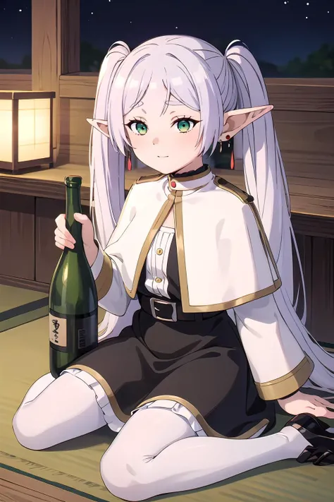 <lora:Sousou_no_Frieren_style:0.8> wz_sousou_no_frieren_style, wz_sousou_no_frieren_style, twintails, very long hair, silver hair, pointy ears, elf, white capelet, green eyes, black pantyhose, earrings, white skirt, belt, white sleeves ,tokyo, night, izakaya, inside, 1girl, solo, full body, drinking sake, sitting, (sake bottle), (sakazuki), (drunk:1.5), ((blushing)), happy,, <lora:GoodHands-vanilla:0.8>