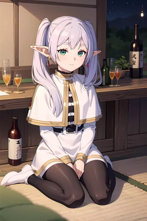 <lora:Sousou_no_Frieren_style:0.8> wz_sousou_no_frieren_style, wz_sousou_no_frieren_style, twintails, very long hair, silver hair, pointy ears, elf, white capelet, green eyes, black pantyhose, earrings, white skirt, belt, white sleeves ,tokyo, night, izakaya, inside, 1girl, solo, full body, drinking sake, sitting, (sake bottle), (sakazuki), (drunk:1.5), ((blushing)), happy,, <lora:GoodHands-vanilla:0.8>