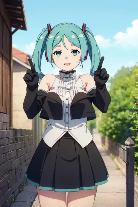 1girl, (masterpiece:1.3), (high resolution), (8K), (extremely detailed), (4k), (pixiv), perfect face, nice eyes and face, (best quality), (super detailed), detailed face and eyes, (solo), textured skin, absurdres, highres, <lora:frierenstyle-09:1>, wz_sousou_no_frieren_style, hatsune miku, black skirt, bare shoulders, shoulder gloves, shirt, vocaloid, twintails, drill hair, (victory pose:1.2), outdoors, smile, cowboy shot,