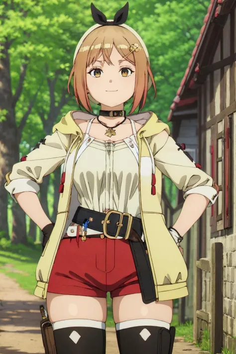 1girl, (masterpiece:1.3), (high resolution), (8K), (extremely detailed), (4k), (pixiv), perfect face, nice eyes and face, (best quality), (super detailed), detailed face and eyes, (solo), textured skin, absurdres, highres, <lora:frierenstyle-09:1>, wz_sousou_no_frieren_style,  <lora:ryza:0.7> riza, brown hair, single glove, thighhighs, brown eyes, red shorts, jewelry, belt, hat, white headwear, necklace, yellow jacket, hair ornament, short hair, brown glove, shirt, tree, forest, cabin, nature, flowers, cute, cowboy shot, hands on hips, ligh smile, natural light, anime coloring