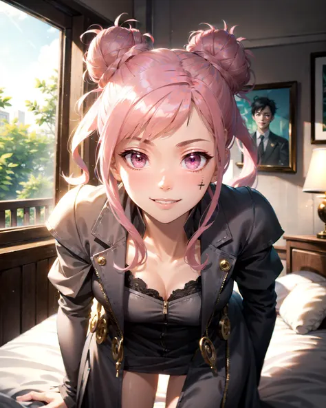 masterpiece, best, <lora:zs_Argilla:0.9> argilladds, double bun, pink hair, facial scar, pink eyes, sensual smile, indoors, bedroom cropped jacket, grey jacket, grey dress, open slit, cleavage,smile, parted lips