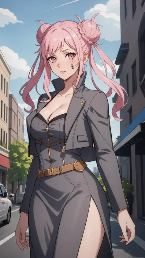 solo, standing, looking at viewer, cowboy shot, outdoors, city, <lora:zs_Argilla:1> argilladds, double bun, cropped jacket, grey jacket, grey dress, open slit, cleavage, facial scar, pink eyes, large breasts