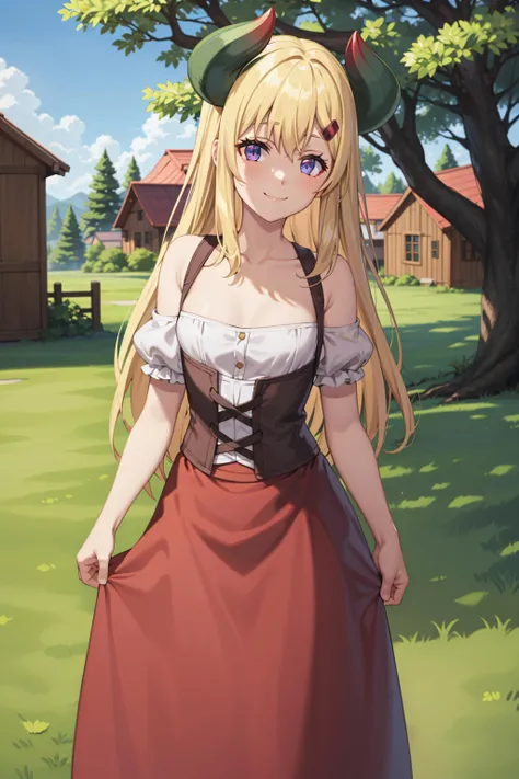 best quality, masterpiece, highly detailed,
<lora:chara_IsekaiNonbiriNouka_Lastismun_v2:0.8>, lastismun,
solo, closed mouth, light smile, light blush,
blonde hair, long hair, purple eyes, hairclip, small breasts, dragon horns,
white shirt, corset, collarbone, red skirt, bare shoulders, short sleeves,
standing, head tilt, looking at the viewer,
outdoors, tree, house, grass, wood, field