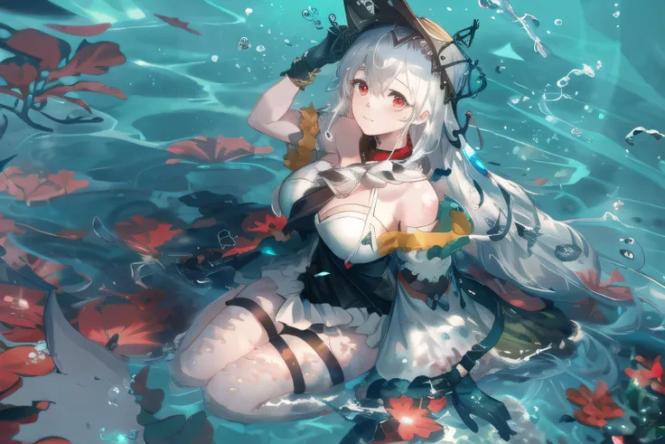 <lora:Arknights-Skadi the Corrupting Heart:1>,arknights,skadi the corrupting heart \(arknights\),beautiful detailed girl,extremely detailed eyes and face,beautiful detailed eyes,best quality,(masterpiece:1.2),illustration,an extremely delicate and beautiful,extremely detailed,CG,unity,8k wallpaper,Amazing,finely detail,masterpiece,best quality,official art,extremely detailed CG unity 8k wallpaper,(((Long shot:1.2))),solo,red eyes,long hair,white hair,large breasts,(drunk),ocean,full_shot,(from_above:1.2),((underwater)),(beautiful detailed water),((coral)),(dynamic angle),floating,(detailed light),floating hair,(splash),leaves dress,feather,nature,(sunlight),(underwater forest),(bloom),(detailed glow),drenched,seaweed,(((Tyndall effect))),1 gril,(cropped_legs),wariza,sitting,(handled hair),