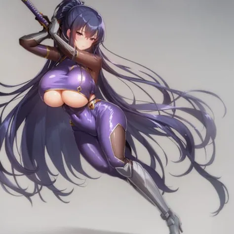 holding sword, sheath,(((underboob))), akiyama rinko, high heel boots, bodysuit, purple bodysuit, shiny clothes, large breasts, covered nipples, cleavage, cleavage cutout, covered navel,long hair, bangs, ponytail, blue hair, 1girl, full body, masterpiece, best quality, Amazing, beautiful detailed eyes, finely detailed,blush,