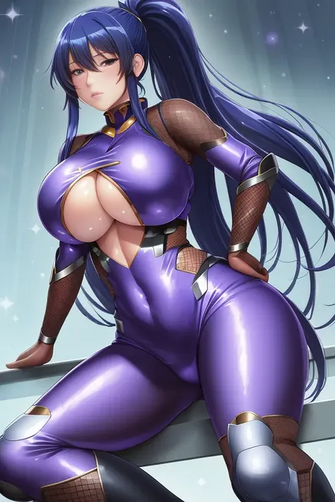 (((underboob))), akiyama rinko, high heel boots, bodysuit, purple bodysuit, shiny clothes, fishnet, large breasts, covered nipples, cleavage, cleavage cutout, covered navel,long hair, bangs, ponytail, blue hair, 1girl, full body, masterpiece, best quality, Amazing, beautiful detailed eyes, finely detailed,blush,