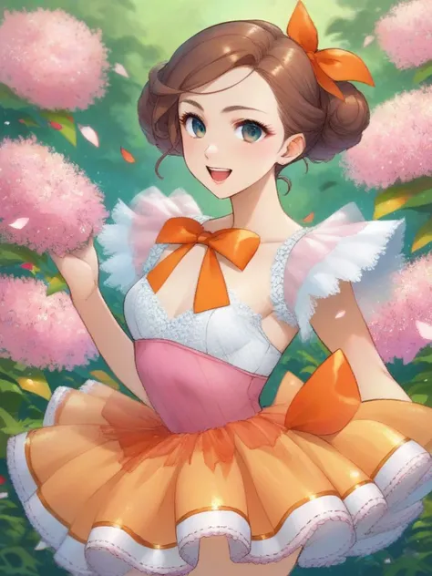 anime artwork score_9, score_8_up, score_7_up, score_6_up, score_5_up, score_4_up, beautiful woman wearing a pastel orange ((ribbon tutu)), <lora:xl_ribbon_tutu-pony-1.0:1>, sequins, bow,
(brunette hair Low Bun),
small breasts,
(botanical garden),
leaning against something,
happy . anime style, key visual, vibrant, studio anime, highly detailed