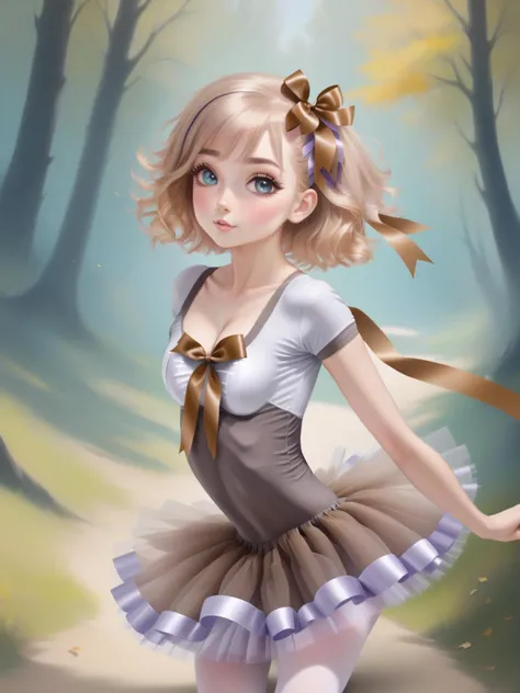 anime artwork beautiful woman wearing a walnut brown ((ribbon tutu)), <lora:xl_ribbon_tutu-1.0:1>,
(sandy blonde hair Layered Bangs),
medium breasts,
(forest path),
staggering,
tired . anime style, key visual, vibrant, studio anime, highly detailed