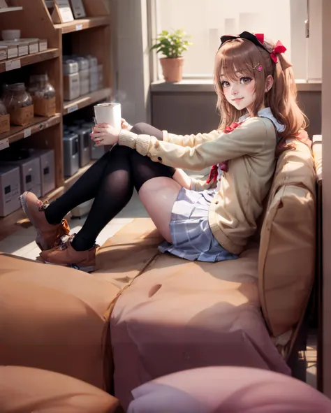 <lora:NeuroTEST:0.4> neuro-sama, 1girl, blush, hair ribbon, hair ornament, ahoge, looking at viewer, heart hair ornament, school uniform, shirt, smile, cardigan, closed mouth, brown cardigan, coffee shop, ambient light,