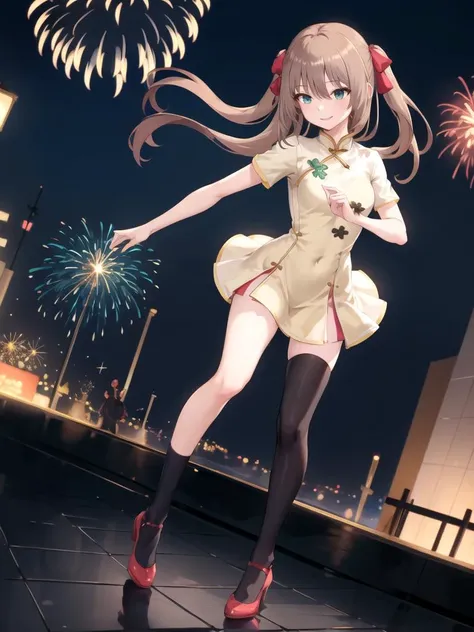 masterpiece, best quality, perfect lighting, 1girl, solo, full body, from front, dance, happy eyes, smile, short chinese dress, single thighhigh, public place background, fireworks, neuro-sama, green bow, hair bows, <lora:NeuroTEST:0.5>