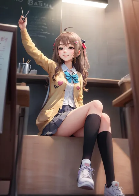 <lora:NeuroTEST:0.4> neuro-sama, 1girl, blush, hair ribbon, hair ornament, ahoge, looking at viewer, heart hair ornament, school uniform, shirt, smile, cardigan, closed mouth, brown cardigan, coffee shop, ambient light, (wawing to viewer:1.2)