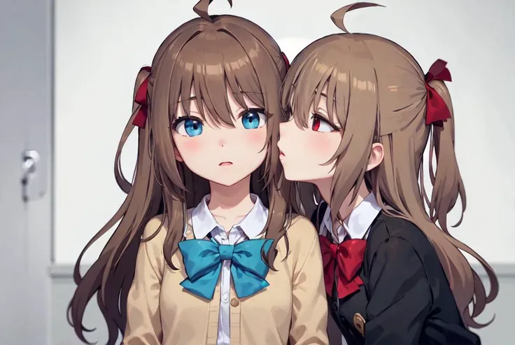 (masterpiece, best quality:1), face closeup, 2girls, (kissing, yuri:1.1), classroom, <lora:Neurosama:0.4>, BREAK,
neuro-sama, (brown hair), ahoge, blue eyes, (heart hair ornament:1.1), brown cardigan, (blue bowtie:1.1), (kissing girl on right:0.7), BREAK,
neuro-sama, (brown hair), ahoge, red eyes, (black cardigan:1.3), (red bowtie:1.2), (kissing girl on left:0.7)