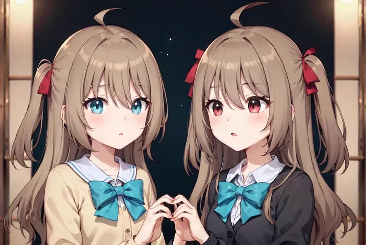 (masterpiece, best quality:1), full body, 2girls, handholding, night sky, <lora:Neurosama:0.4>, BREAK,
neuro-sama, (brown hair), ahoge, blue eyes, (heart hair ornament:1.1), brown cardigan, (blue bowtie:1.1), handholding, BREAK,
neuro-sama, (brown hair), ahoge, red eyes, (black cardigan:1.3), (red bowtie:1.2), handholding