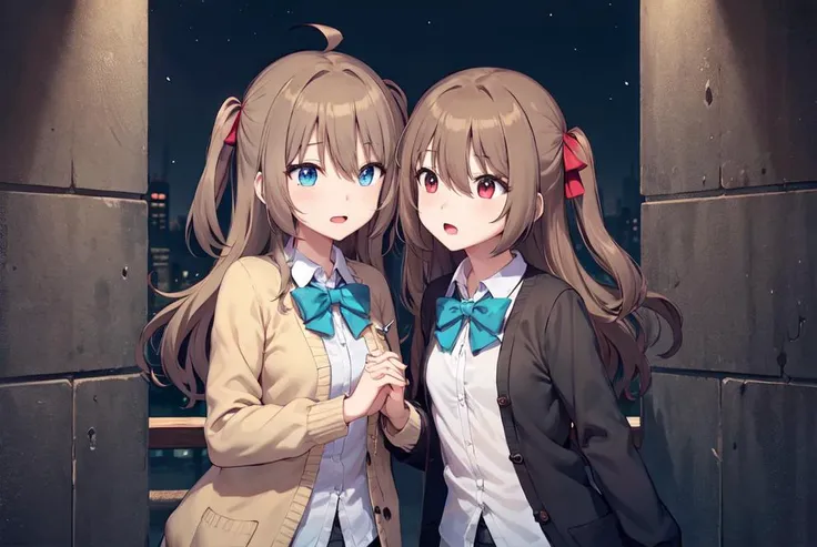 (masterpiece, best quality:1), full body, 2girls, handholding, night sky, <lora:Neurosama:0.4>, BREAK,
neuro-sama, (brown hair), ahoge, blue eyes, (heart hair ornament:1.1), brown cardigan, (blue bowtie:1.1), handholding, BREAK,
neuro-sama, (brown hair), ahoge, red eyes, (black cardigan:1.3), (red bowtie:1.2), handholding