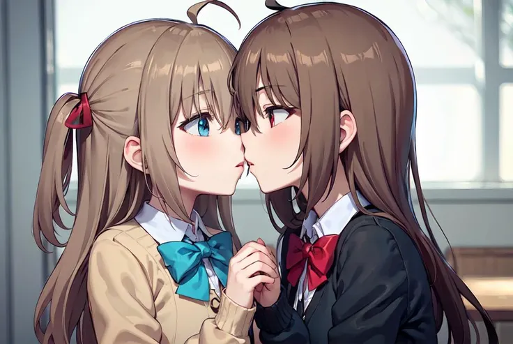 (masterpiece, best quality:1), face closeup, 2girls, (kissing, yuri:1.1), park, <lora:Neurosama:0.4>, BREAK,
neuro-sama, (brown hair), ahoge, blue eyes, (heart hair ornament), brown cardigan, (blue bowtie:1.1), (kissing girl on right:0.7), BREAK,
neuro-sama, (brown hair), ahoge, red eyes, (black cardigan:1.3), (red bowtie:1.2), (kissing girl on left:0.7)