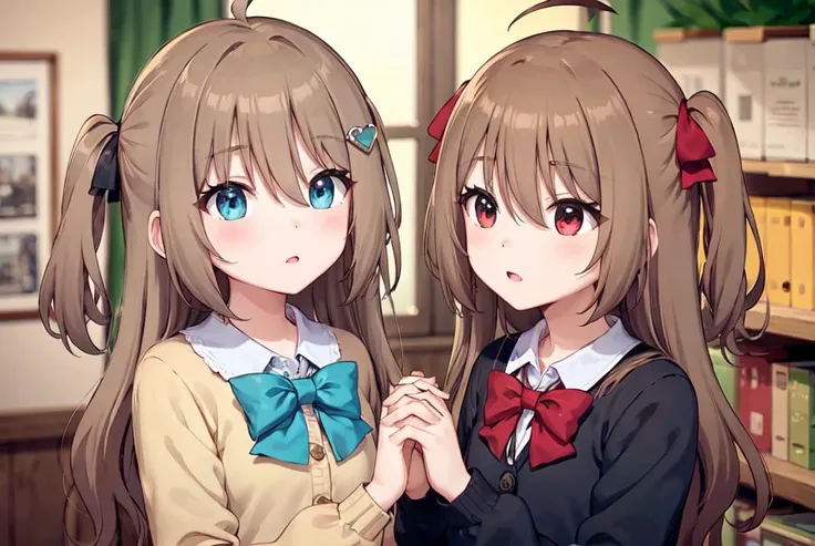 (masterpiece, best quality:1), face closeup, (2girls:1.1), handholding, night sky, <lora:Neurosama:0.4>, BREAK,
neuro-sama, (brown hair), ahoge, blue eyes, (heart hair ornament:1.1), brown cardigan, (blue bowtie:1.1), handholding, BREAK,
neuro-sama, (brown hair), ahoge, red eyes, (black cardigan:1.3), (red bowtie:1.2), handholding