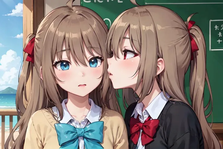 (masterpiece, best quality:1), face closeup, 2girls, (kissing, yuri:1.1), classroom, <lora:Neurosama:0.4>, BREAK,
neuro-sama, (brown hair), ahoge, blue eyes, (heart hair ornament:1.1), brown cardigan, (blue bowtie:1.1), (kissing girl on right:0.7), BREAK,
neuro-sama, (brown hair), ahoge, red eyes, (black cardigan:1.3), (red bowtie:1.2), (kissing girl on left:0.7)