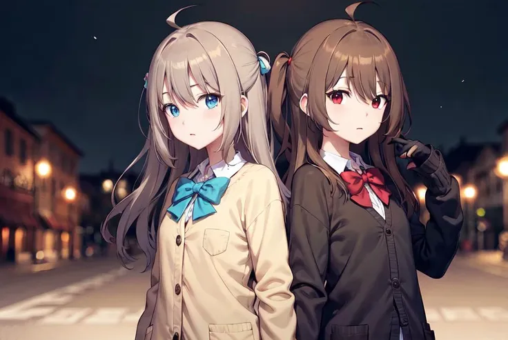 (masterpiece, best quality:1), full body, 2girls, handholding, night sky, <lora:Neurosama:0.4>, BREAK,
neuro-sama, (brown hair), ahoge, blue eyes, (heart hair ornament:1.1), brown cardigan, (blue bowtie:1.1), handholding, BREAK,
neuro-sama, (brown hair), ahoge, red eyes, (black cardigan:1.3), (red bowtie:1.2), handholding