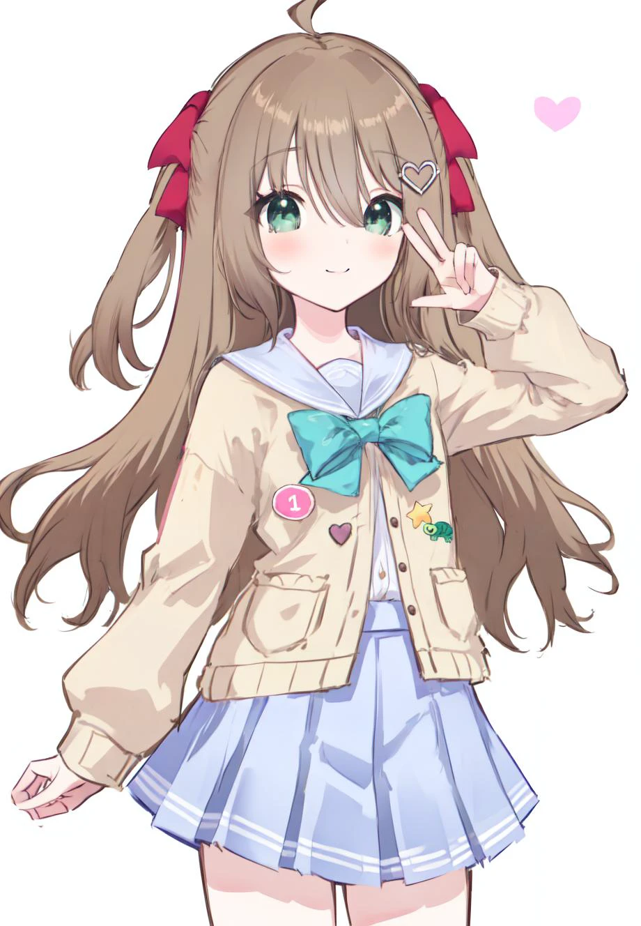 1girl, (masterpiece),(ultra-detailed),(best quality), (shiny green eyes), (highlight in eyes:1.2), (high saturation:1.1), colorful, (dynamic pose:1.1), neuro-sama, hair ornament, two side up, (peace sign), blue skirt, white shirt, serafuku, smile, (blush), (god light), (white background with hearts:1.2), (looking at viewer:1.2), standing straight on,  cowboy shot,  <lora:NeuroTEST:0.75>