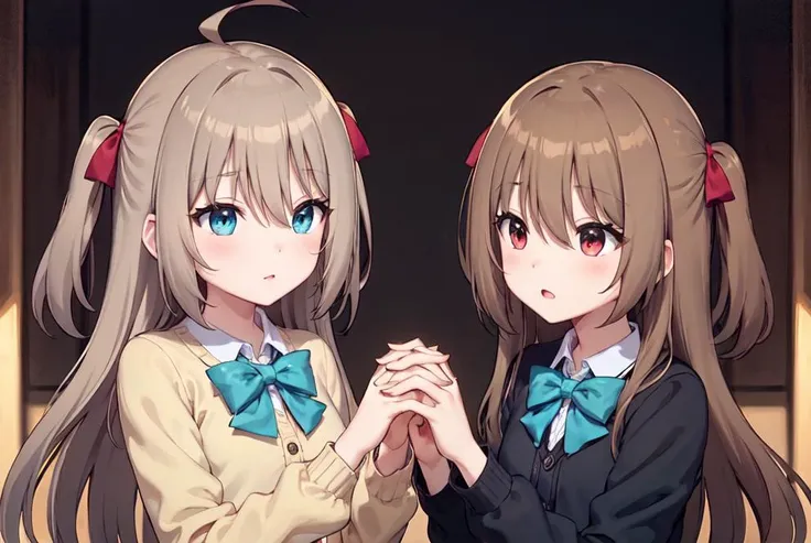 (masterpiece, best quality:1), full body, 2girls, handholding, night sky, <lora:Neurosama:0.4>, BREAK,
neuro-sama, (brown hair), ahoge, blue eyes, (heart hair ornament:1.1), brown cardigan, (blue bowtie:1.1), handholding, BREAK,
neuro-sama, (brown hair), ahoge, red eyes, (black cardigan:1.3), (red bowtie:1.2), handholding