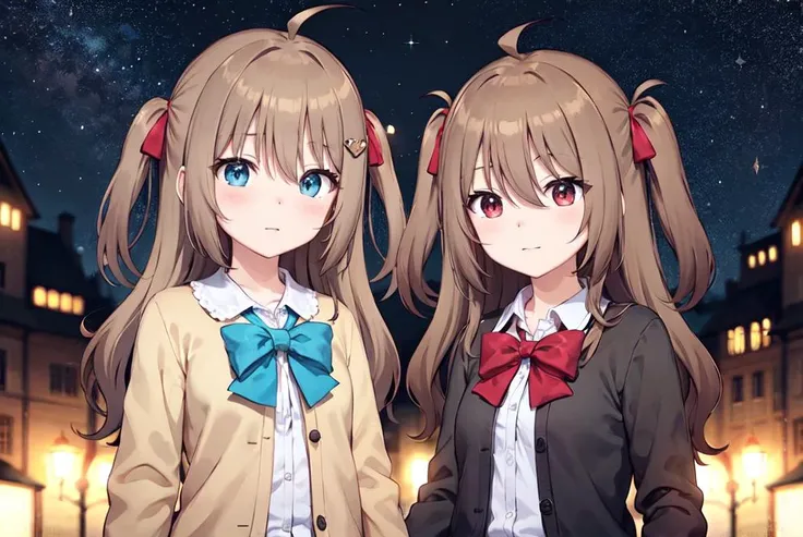 (masterpiece, best quality:1), full body, 2girls, handholding, night sky, <lora:Neurosama:0.4>, BREAK,
neuro-sama, (brown hair), ahoge, blue eyes, (heart hair ornament:1.1), brown cardigan, (blue bowtie:1.1), handholding, BREAK,
neuro-sama, (brown hair), ahoge, red eyes, (black cardigan:1.3), (red bowtie:1.2), handholding