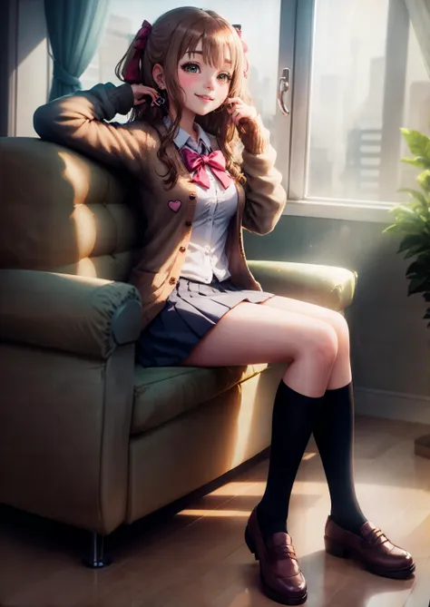 <lora:NeuroTEST:0.4> neuro-sama, 1girl, blush, hair ribbon, hair ornament, ahoge, heart hair ornament, school uniform, shirt, smile, cardigan, closed mouth, brown cardigan, coffee shop, sitting on armchair, straching, ambient light,