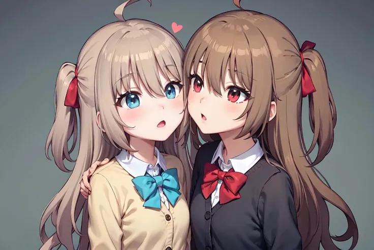 (masterpiece, best quality:1), face closeup, 2girls, kissing, yuri, simple background, <lora:Neurosama:0.4>, BREAK,
neuro-sama, (brown hair), ahoge, blue eyes, (heart hair ornament), brown cardigan, (blue bowtie:1.1), (kissing girl on right:0.7), BREAK,
neuro-sama, (brown hair), ahoge, red eyes, (black cardigan:1.3), (red bowtie:1.2), (kissing girl on left:0.7)