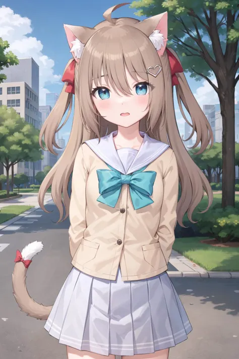 (masterpiece), (ultra-detailed), best quality, 8k, 1girl, solo, neurocat, cat tail, standing, looking at viewer, park, tree, sky, cloud, city, sailor collar, bowtie, blue skirt, heart hair ornament, tail bow, ahoge, arms behind back,   <lora:NeuroTEST-000160:0.5>