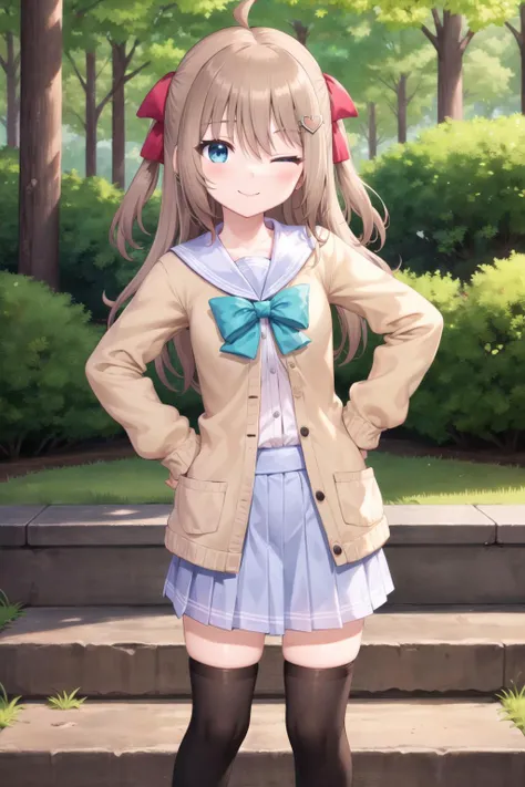 (masterpiece), (ultra-detailed), best quality, 8k, neuro-sama, 1girl, solo, ahoge, sailor collar, brown cardigan, open cardigan, hair ribbon, looking at viewer, smile, one eye closed, blue eyes, heart hair ornament, upper body, white shirt, blue skirt, outdoors, forest, thighhighs, hands on hips, <lora:NeuroTEST-000160:0.5>