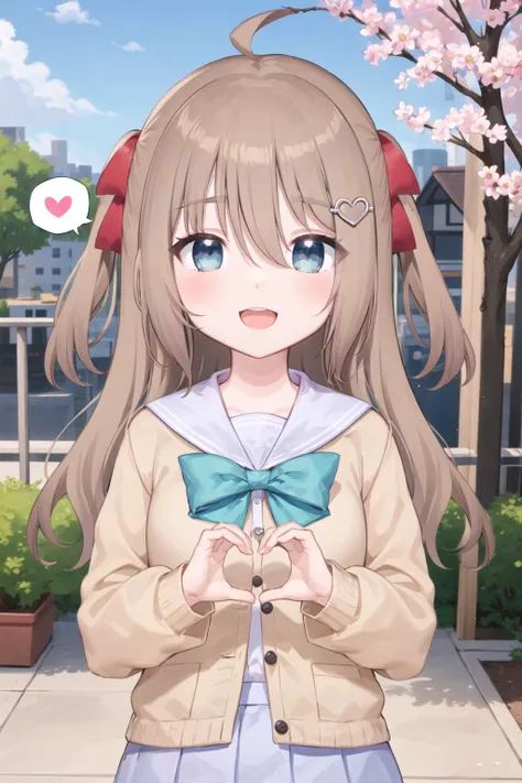 (masterpiece), (ultra-detailed), best quality, 8k, 1girl, neuro-sama, solo, looking at viewer, standing, looking at viewer, portrait, brown cardigan, bowtie, sailor collar, ahoge, cherry blossoms, blue eyes, sky, outdoors, smile, heart hair ornament, two side up, (heart hands:1.2), blue skirt, white shirt, serafuku, open mouth, (spoken heart:1.4) <lora:NeuroTEST-000160:0.55>
