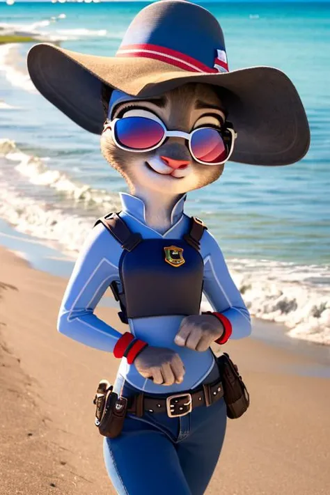 ((best quality)), ((masterpiece)), (detailed), Judy bunny, solo, seaside, beach, hat, sunglasses <lora:Judy-Zootopia:1>