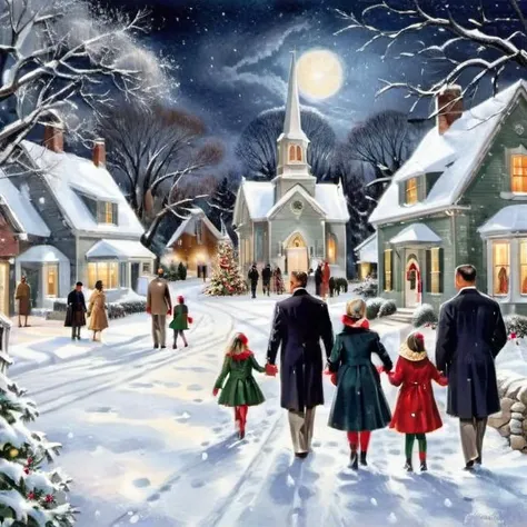 a large family walk to church on Christmas Eve down the sidewalk, they are dressed in suits and dresses, colonial houses, wonder and awe, postcards
<lora:Vintage_Christmas_Card_Generator_XL-KK:0.7>, night sky, snow on ground, cross, perfect