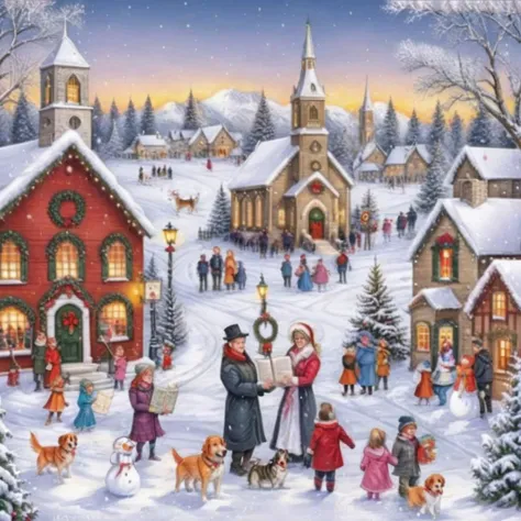 vxc, a winter village surrounded in snow, christmas tree, choir, church, snowman, families, pet dog <lora:Vintage_Christmas_Card_Generator_XL-KK:0.8>