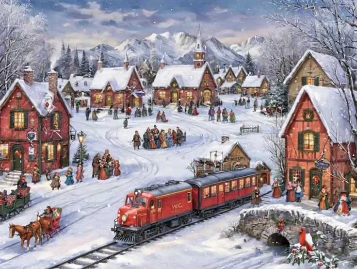 vxc, a winter village surrounded in snow, train station, carrol singers <lora:Vintage_Christmas_Card_Generator_XL-KK:0.8>
